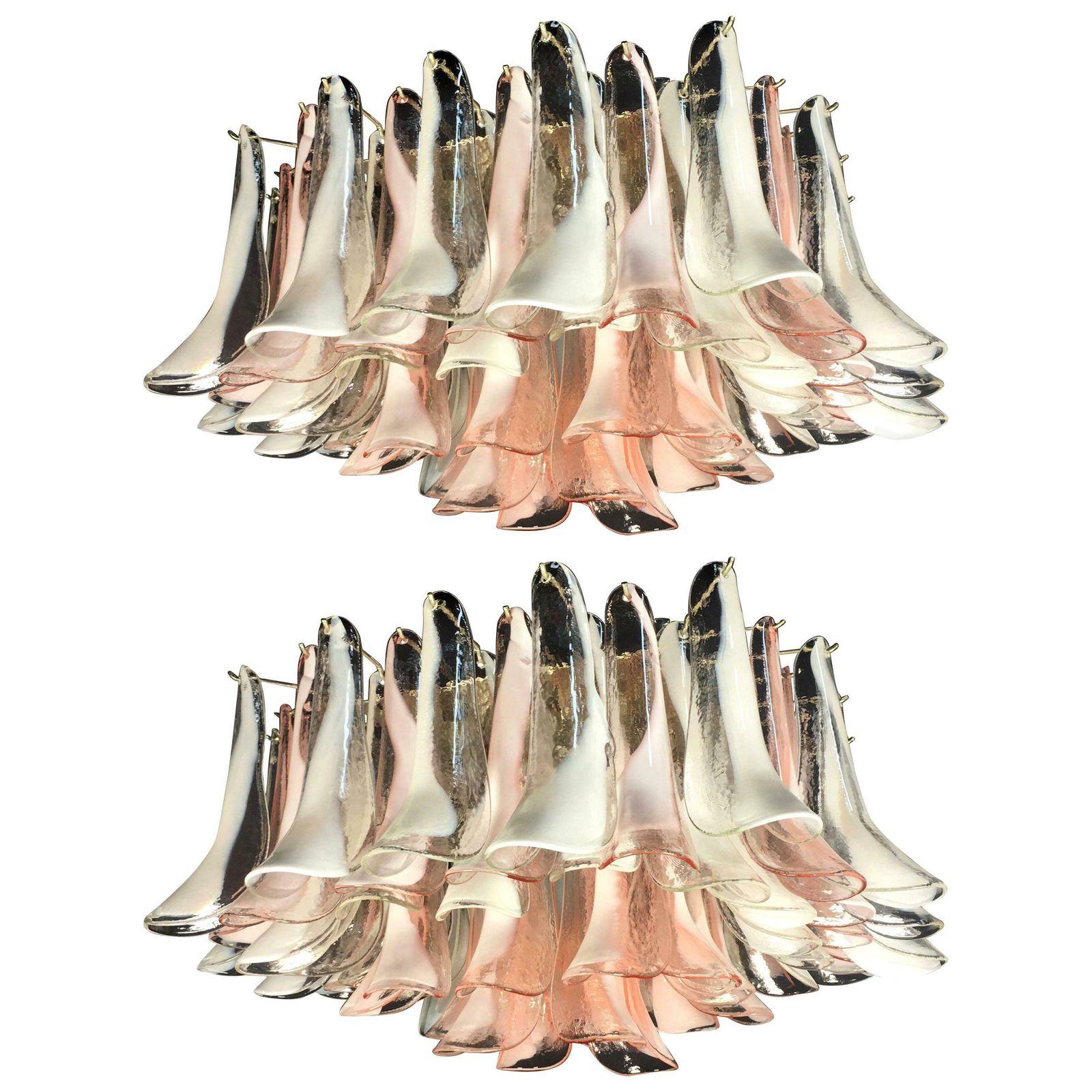 Pair ''Flamingo'' 64 Petal Italian Chandeliers Ceiling Lights, Murano