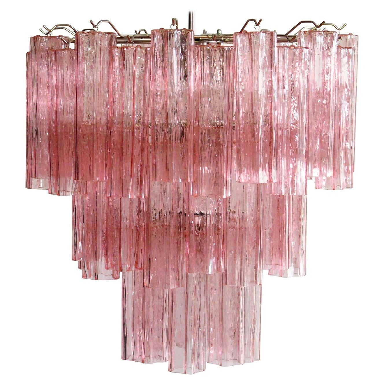 Pair Tronchi Chandeliers Toni Zuccheri Style, 48 Pink Glasses, Murano, 1990 photo for sale