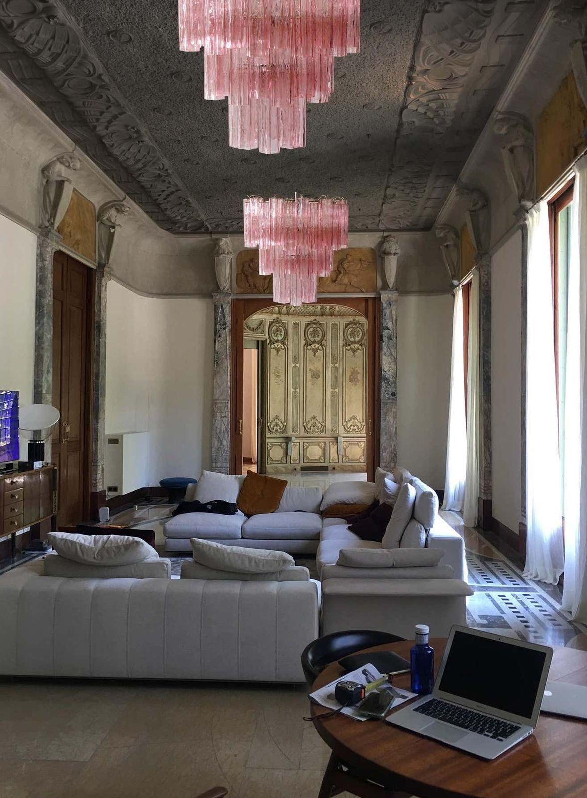 photo for sale Pair Tronchi Chandeliers Toni Zuccheri Style, 48 Pink Glasses, Murano, 1990