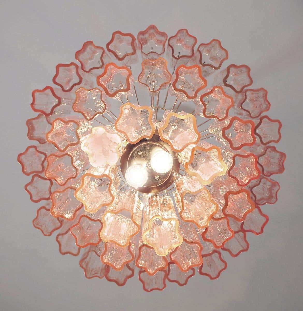 photo vintage Pair Tronchi Chandeliers Toni Zuccheri Style, 48 Pink Glasses, Murano, 1990
