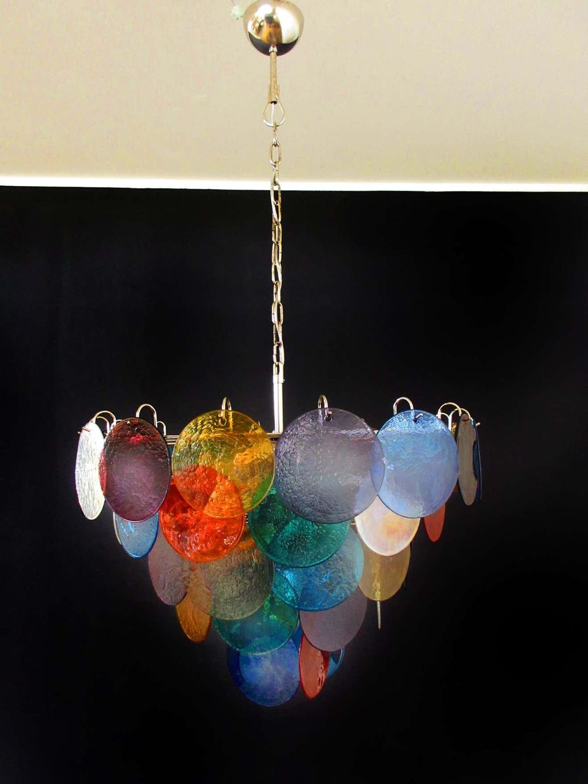Pair Of Italian 50 Multicoloured Glass Discs Chandeliers, Murano photo vinterior
