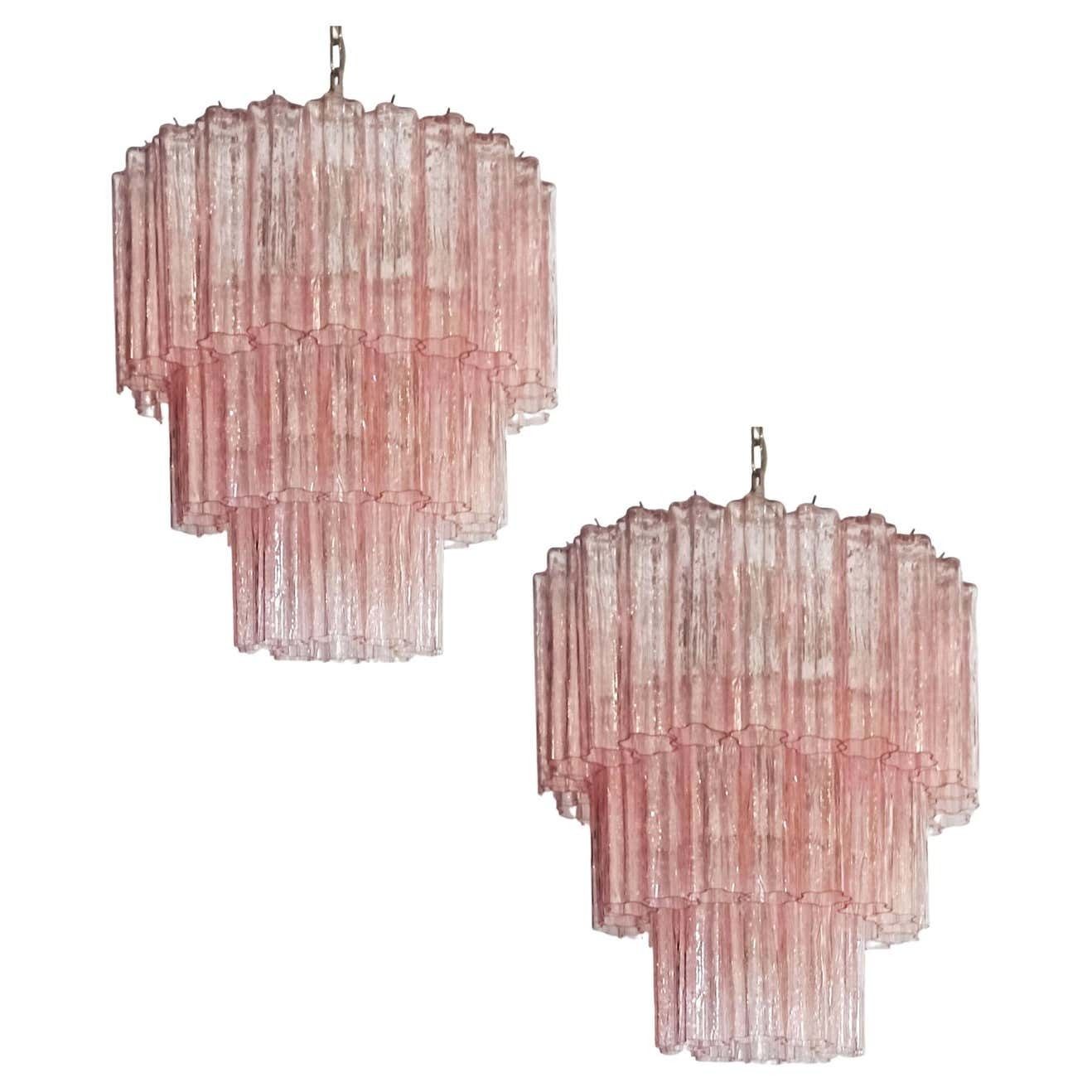 Pair Of 52 Pink Tronchi Chandeliers Style Toni Zuccheri For Venini, Murano
