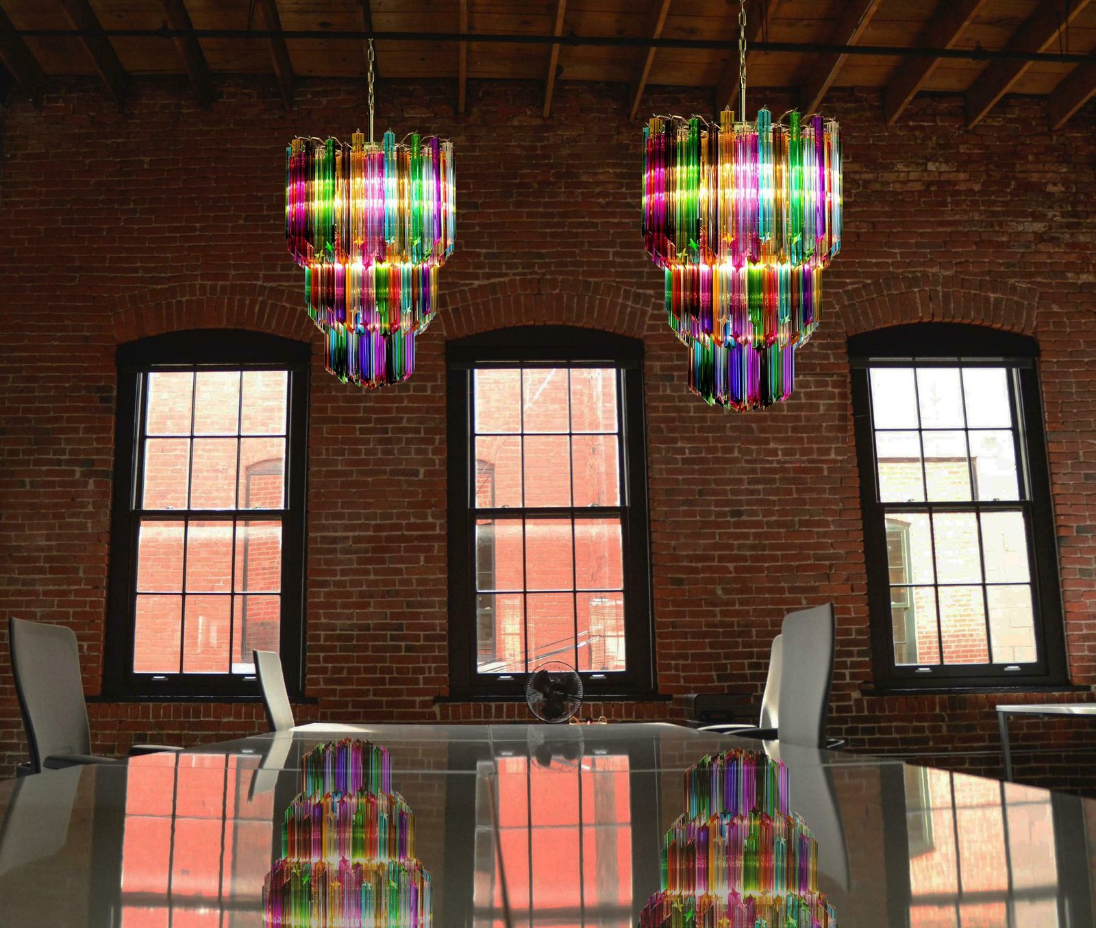Trio Chandeliers Multi Colour Triedri, 184 Prism, Murano, 1980s photo Lighting