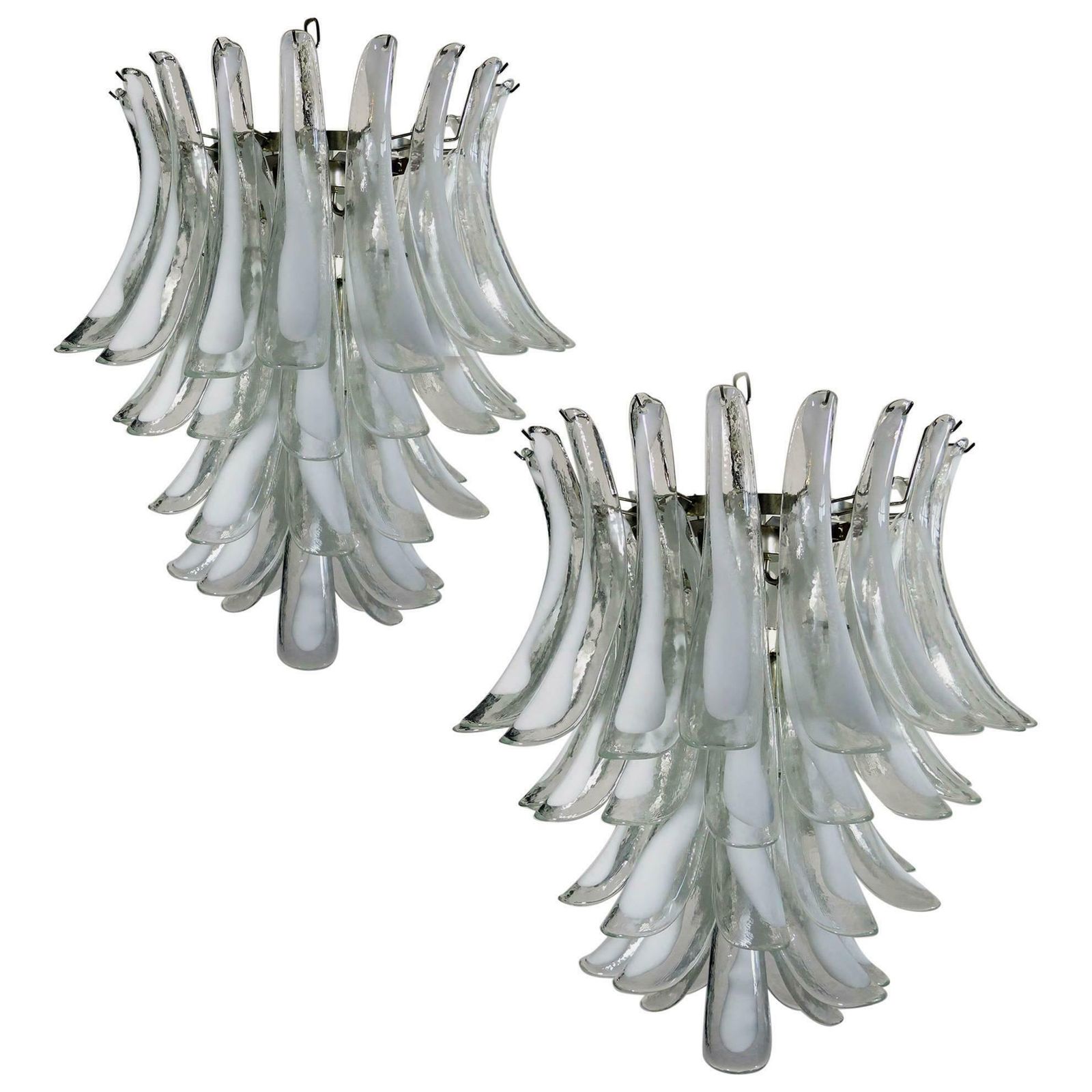 Pair Of Italian Murano 52 White Petals Chandeliers, Murano