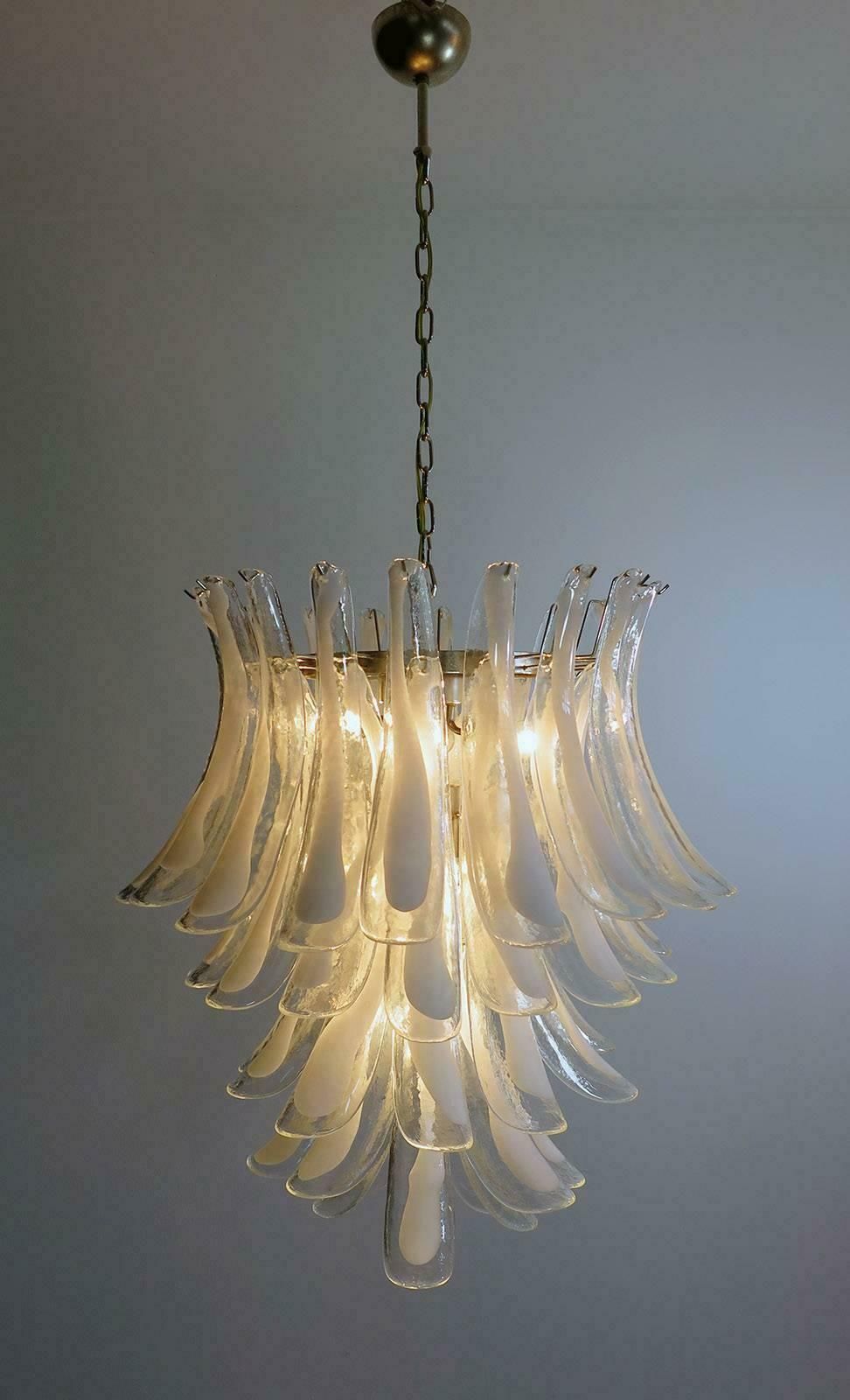 photo for sale Pair Of Italian Murano 52 White Petals Chandeliers, Murano