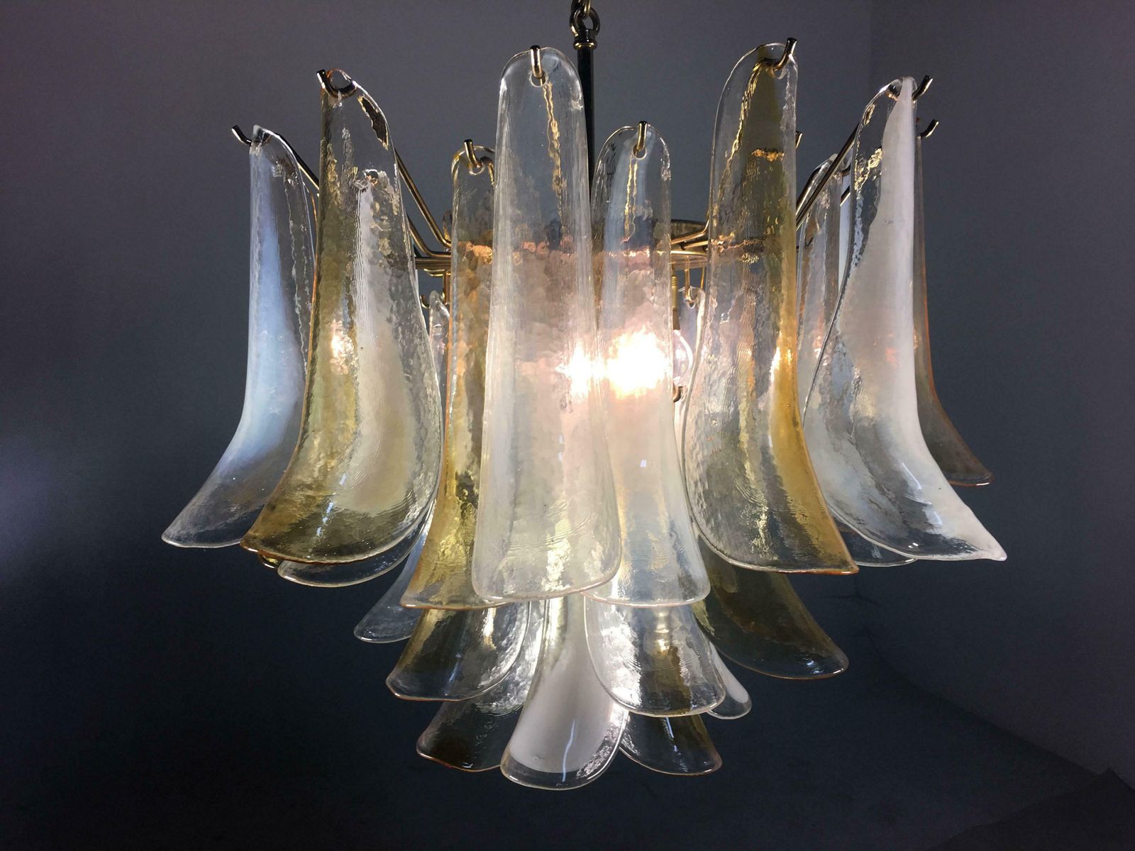 Elegant Pair Of Chandeliers White And Amber Petals, Murano, 1990s photo for sale