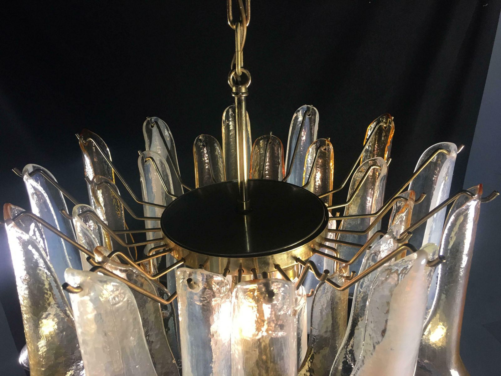 photo vintage Elegant Pair Of Chandeliers White And Amber Petals, Murano, 1990s