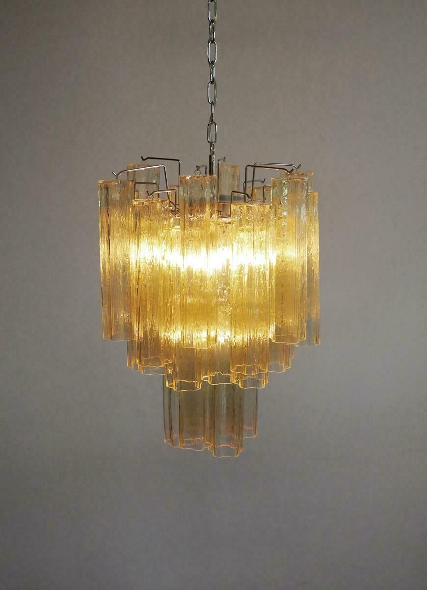 Trio Gold Glass Tube Chandeliers, Murano, 1970s photo vinterior