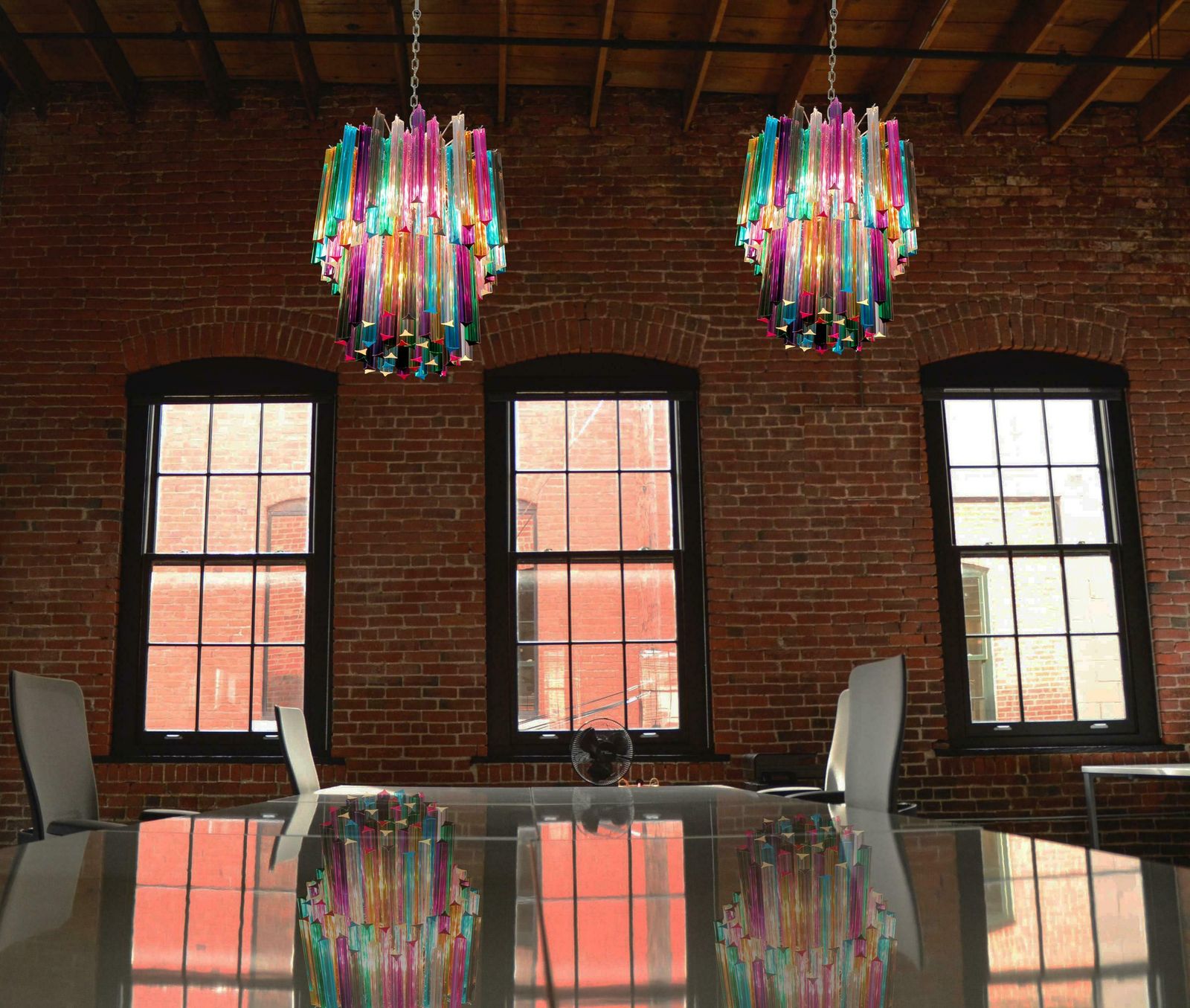 Pair Of Chandelier Multi Colour 107 Triedri, Murano, 1970s