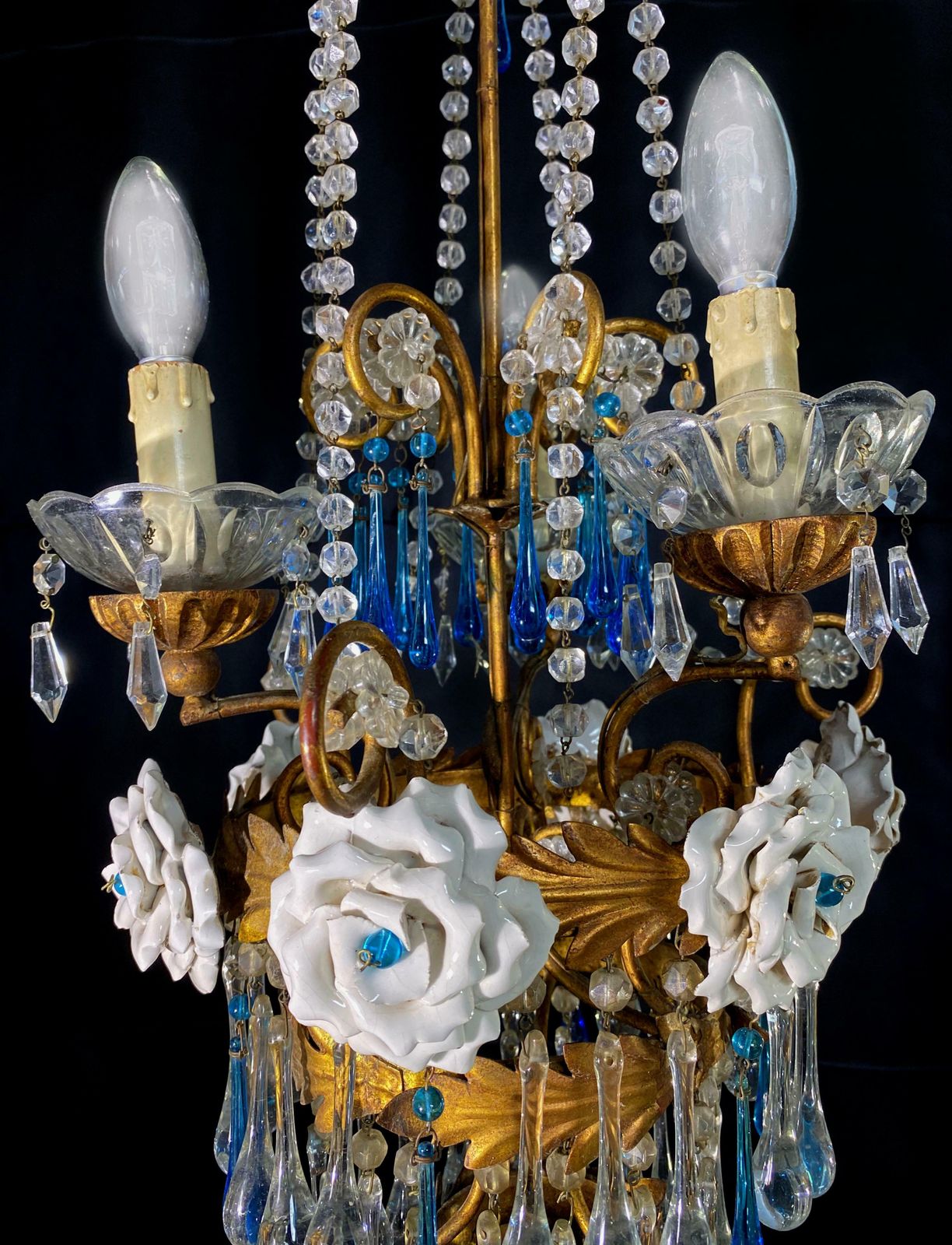 Lovely Chandelier With White Roses And Blue Drops, Murano, 1950s photo for sale