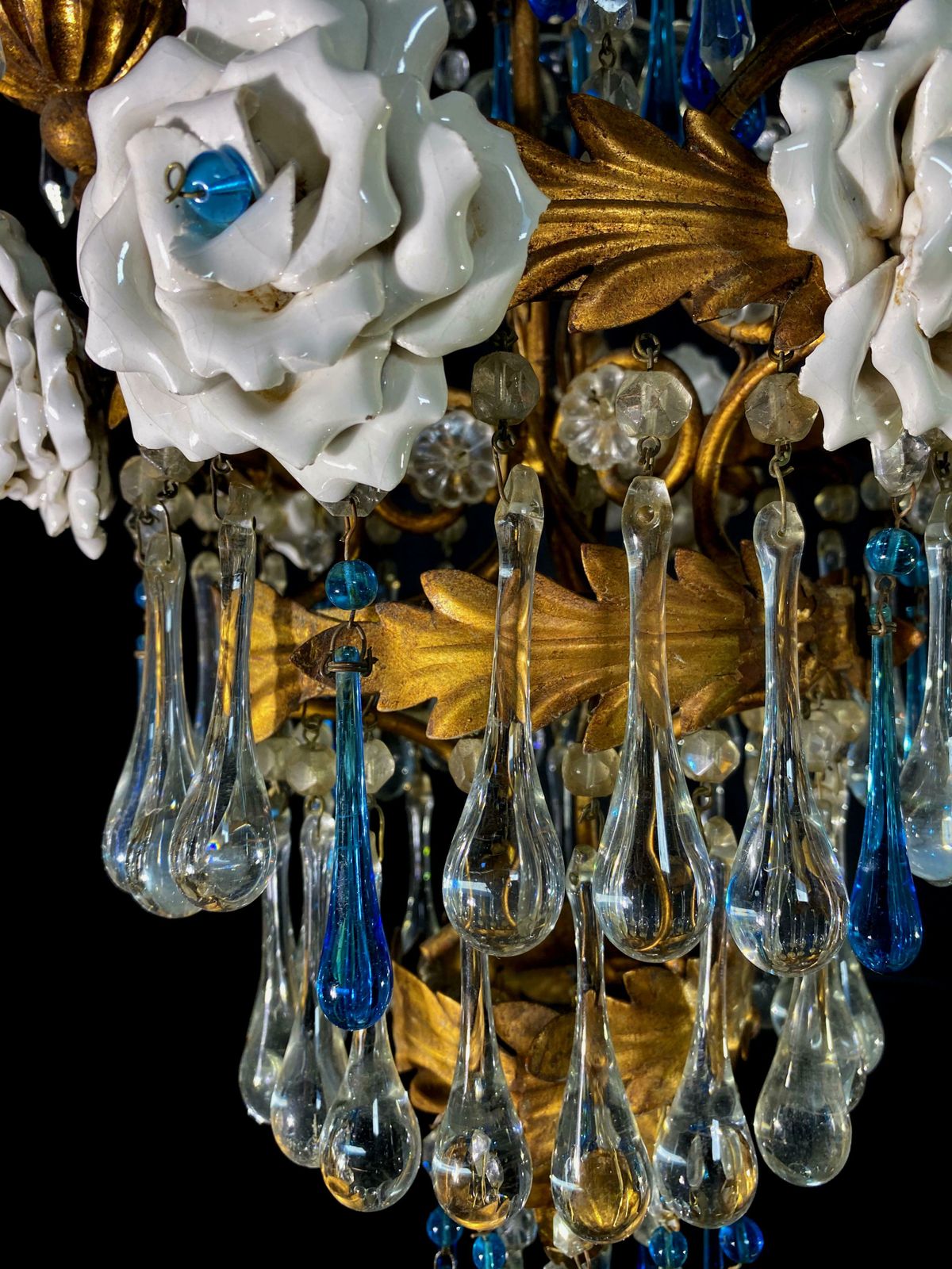 Lovely Chandelier With White Roses And Blue Drops, Murano, 1950s photo vintage