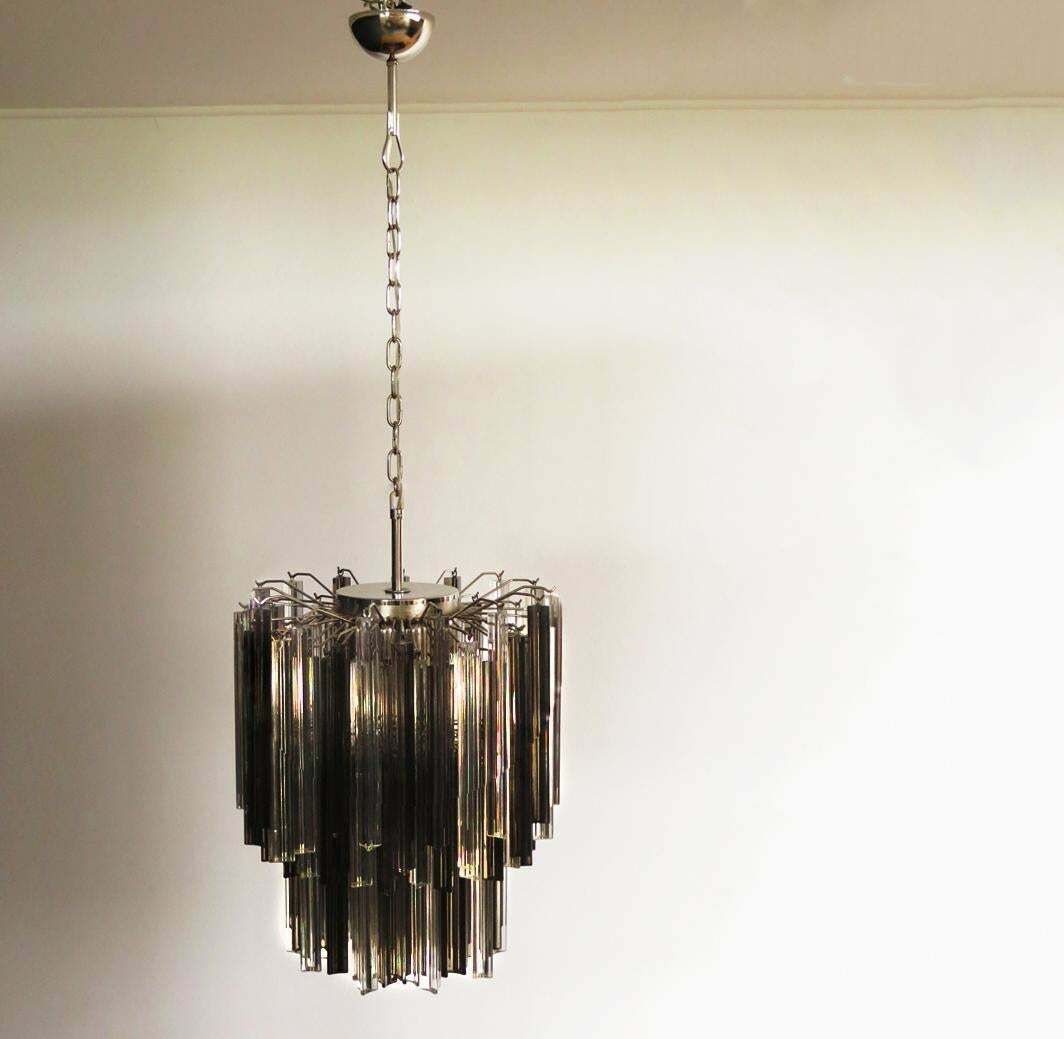 Pair Of Italian Chandeliers Transparent And Smoked Triedri, Murano photo 4836.0