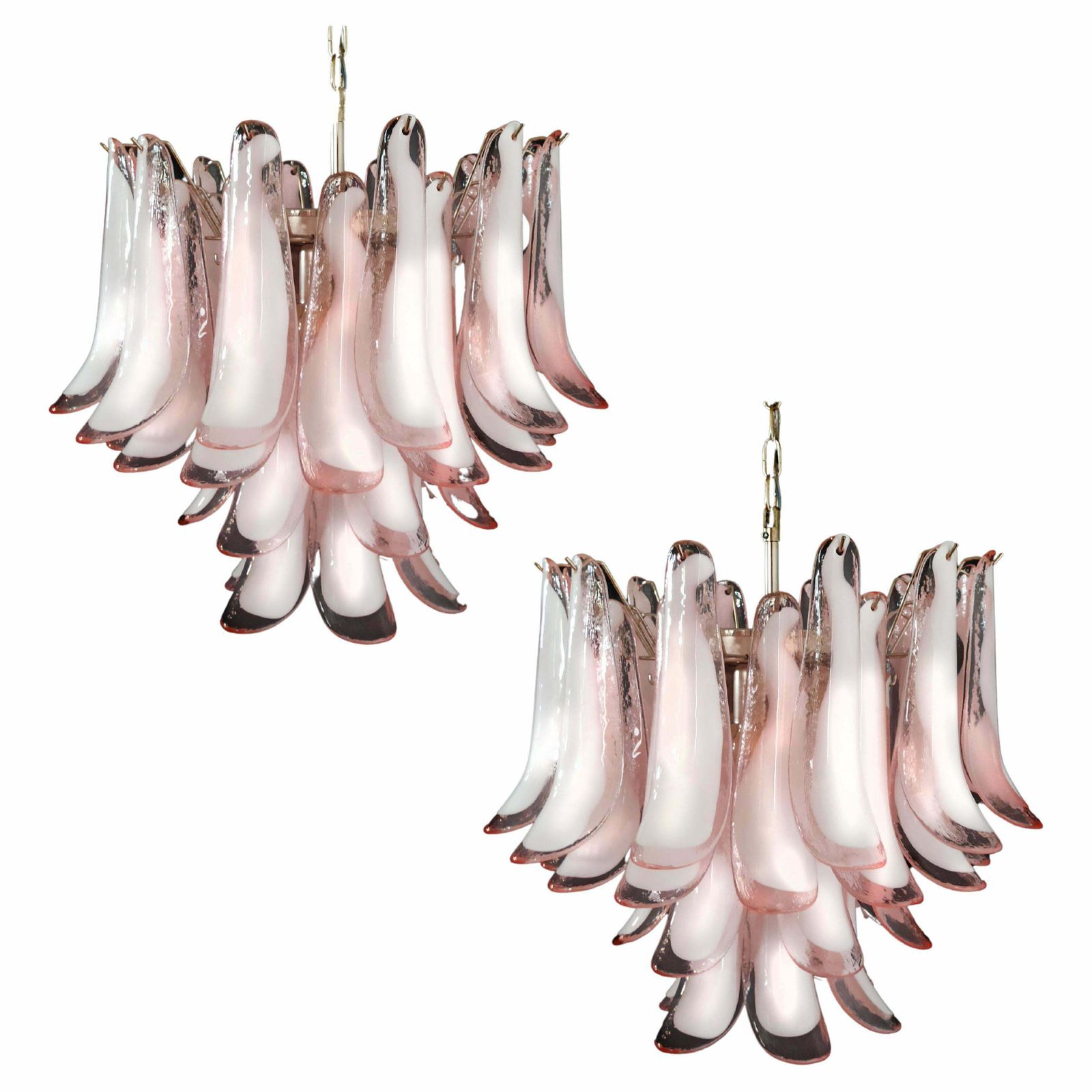 Pair Of Italian 36 Pink And White Petals Chandeliers Ceiling Light, Murano