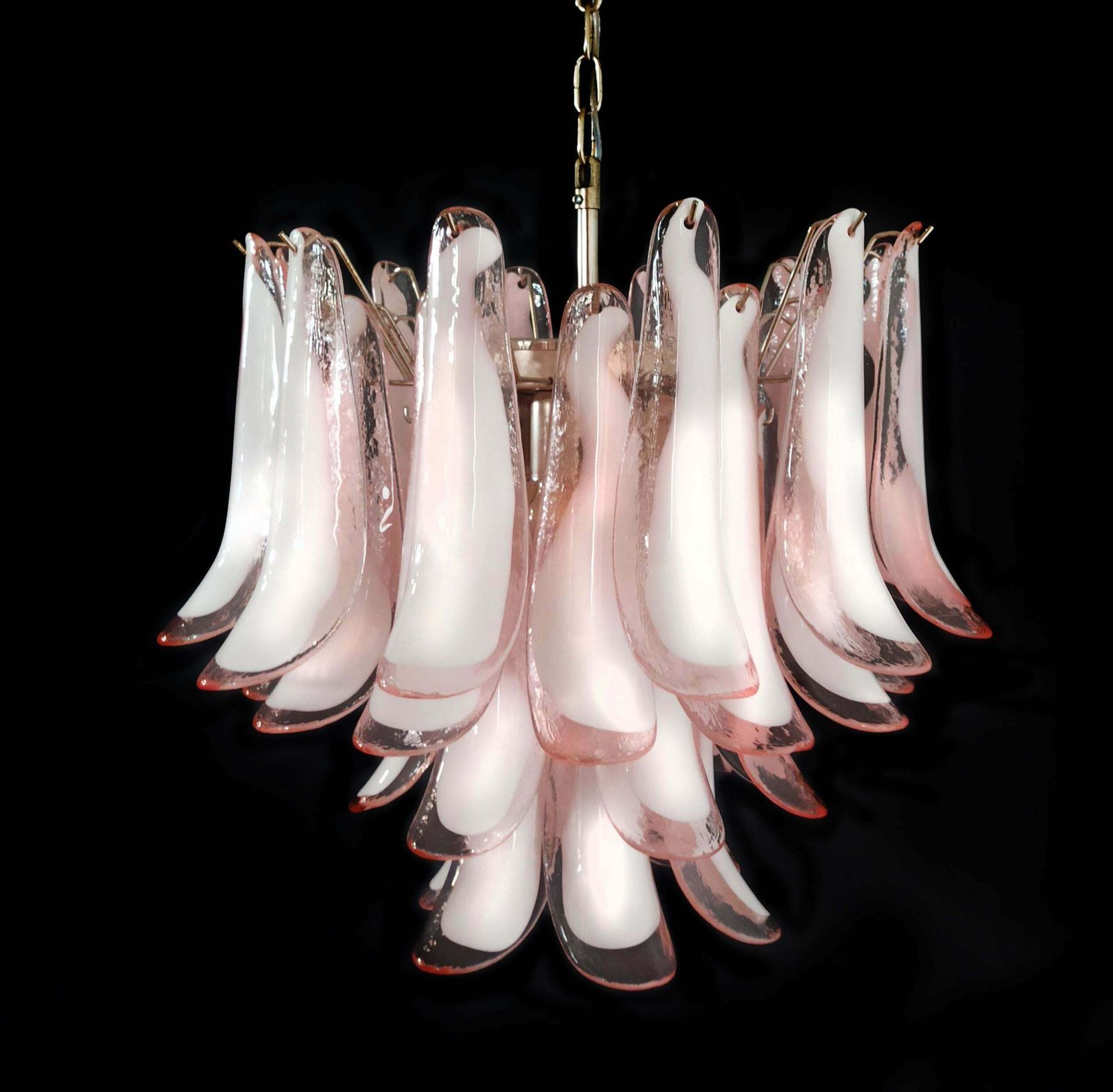 Pair Of Italian 36 Pink And White Petals Chandeliers Ceiling Light, Murano photo for sale