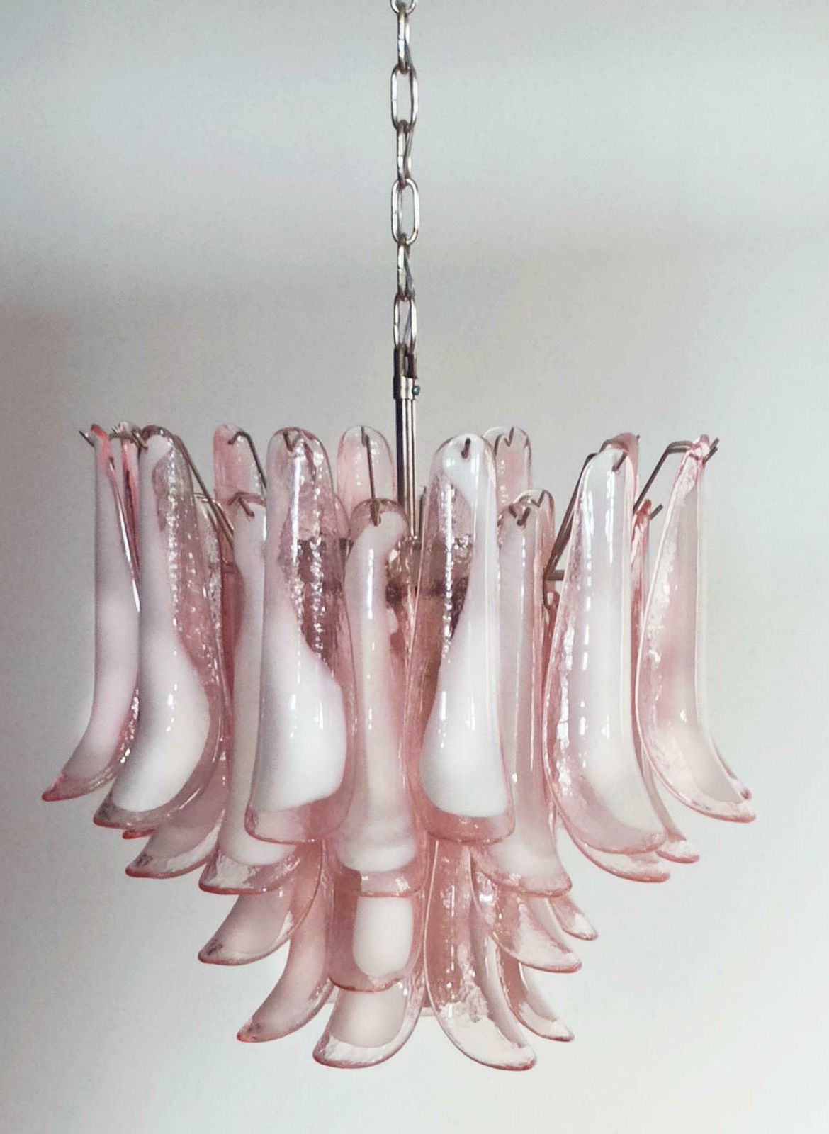 photo for sale Pair Of Italian 36 Pink And White Petals Chandeliers Ceiling Light, Murano
