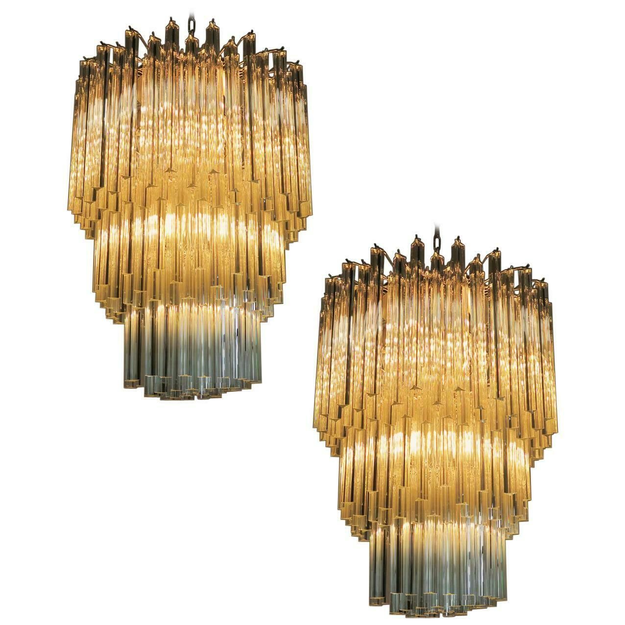 Majestic Italian Pair Of Chandelier Triedri, 184 Prism, Murano