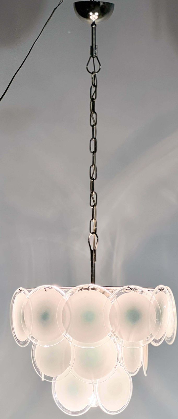 photo for sale Trio Disc White Murano Glass Chandeliers By Vistosi