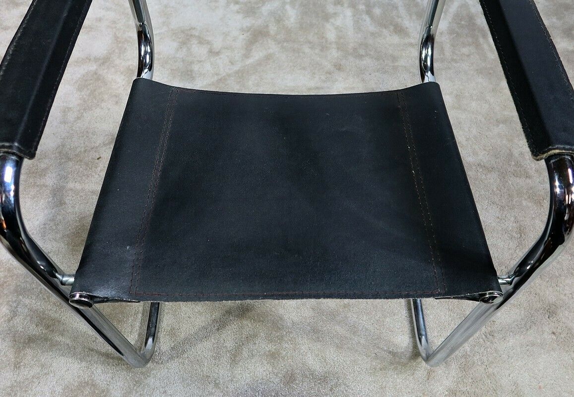 Armchair In Chromed Metal And Black Leather, After M. Breuer – 1970s photo vintage