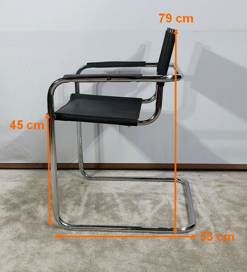 photo vinterior Armchair In Chromed Metal And Black Leather, After M. Breuer – 1970s