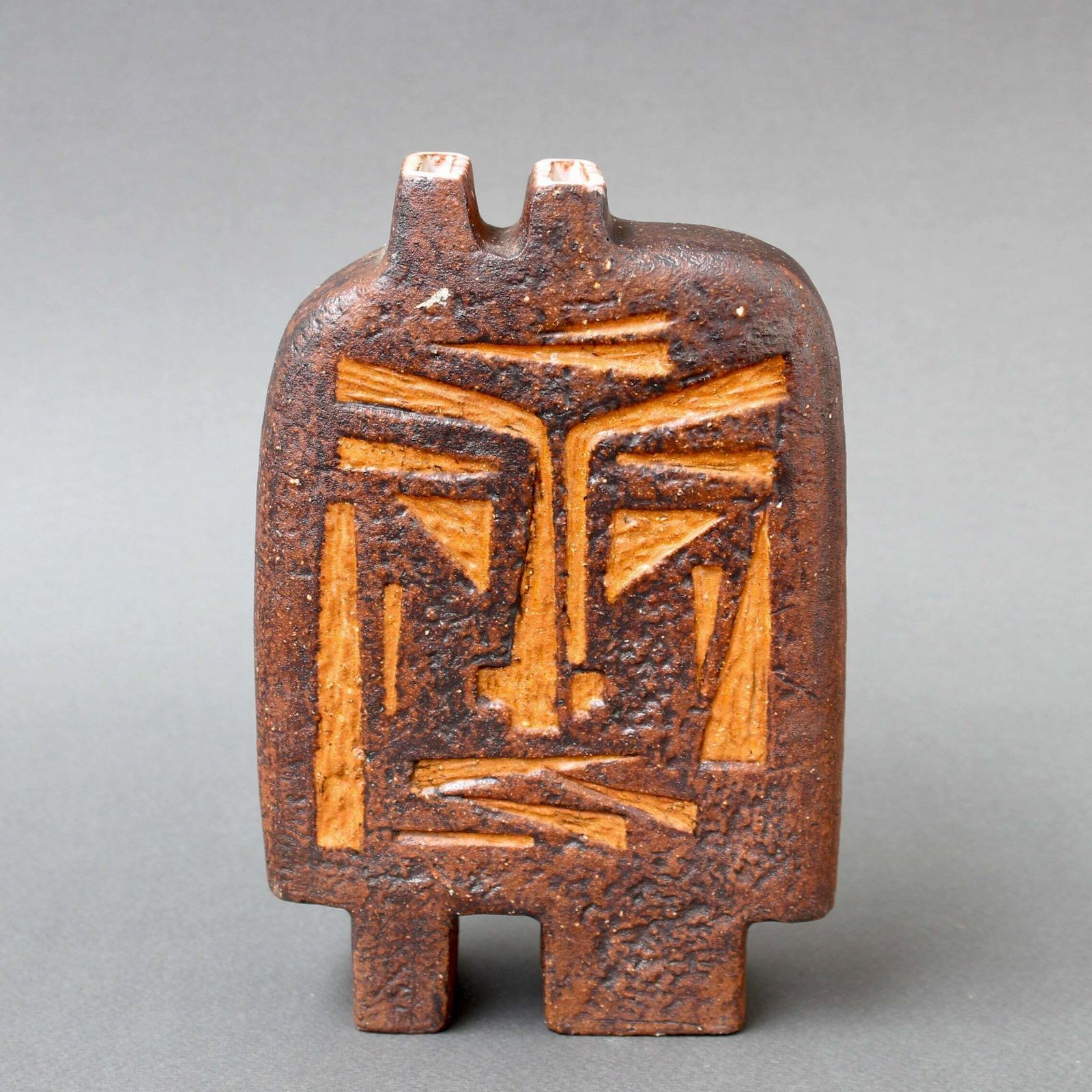 French Ceramic Vase With African Mask Motif Attributed To Jacqueline Lerat (Circa 1960s)