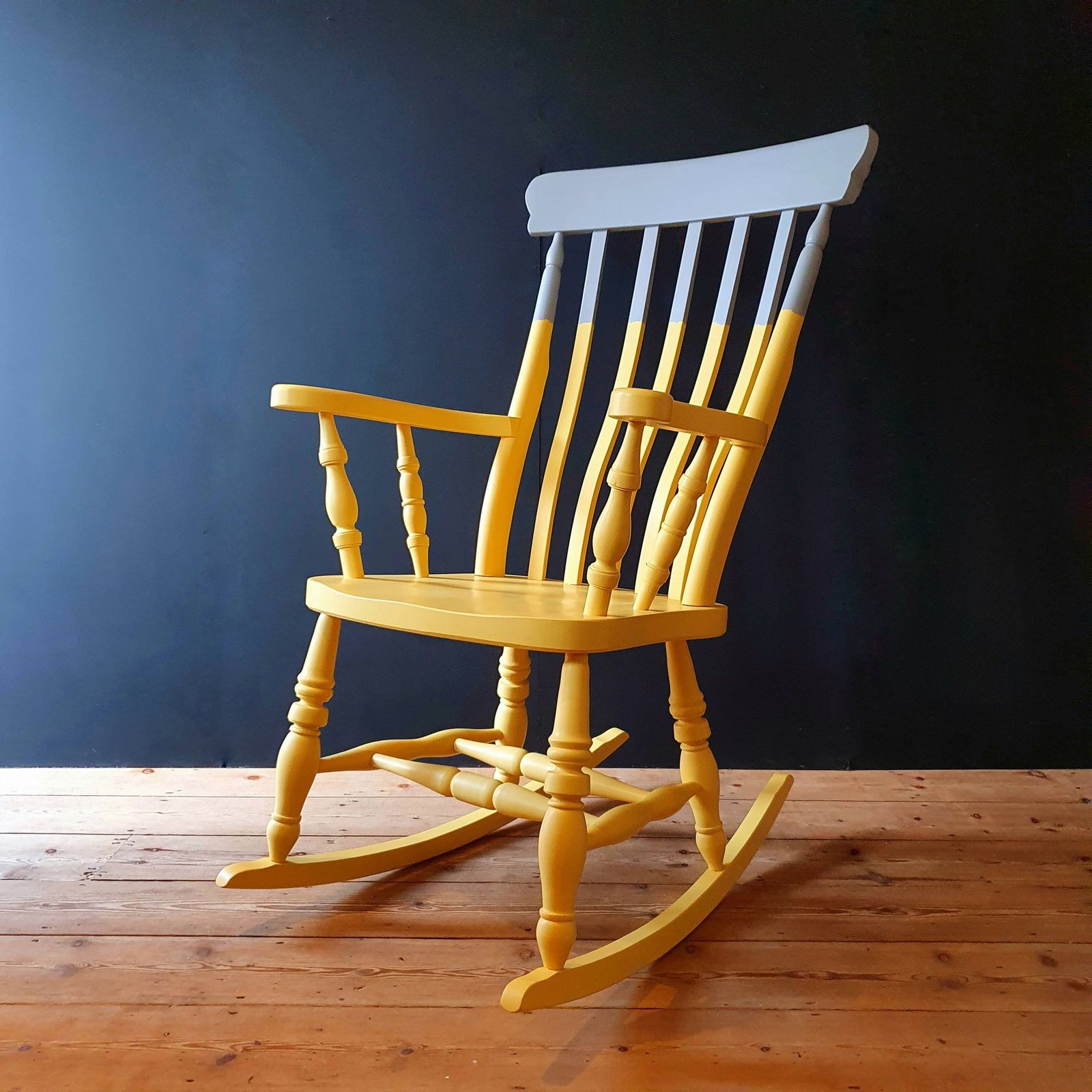 Two Tone Yellow And Grey Painted Wooden Rocking Chair