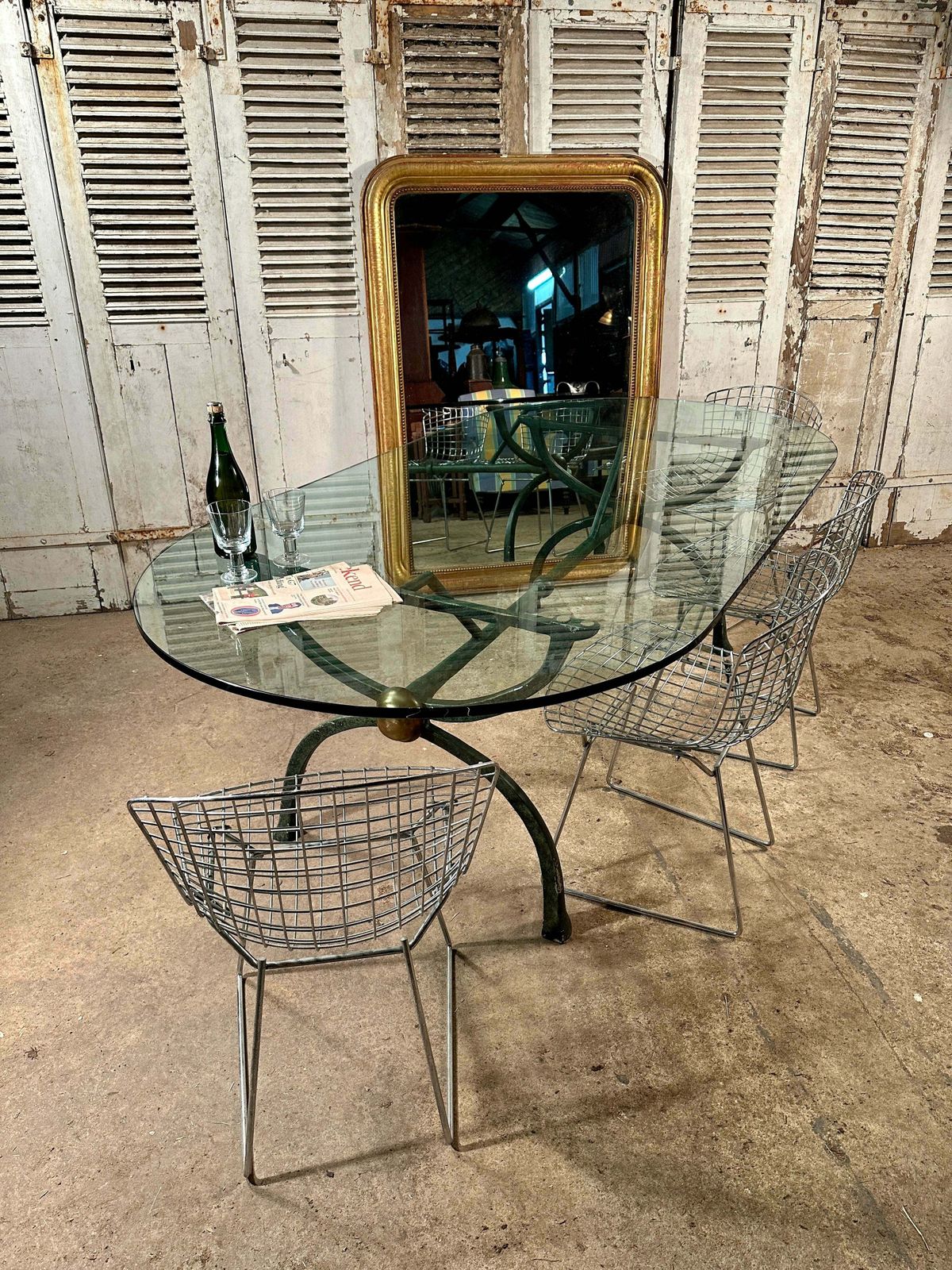 Exceptional Midcentury Hand Forged Spanish Dining/Centre Table With Verdigris Brass Base & Inch Thick Rounded Glass Top