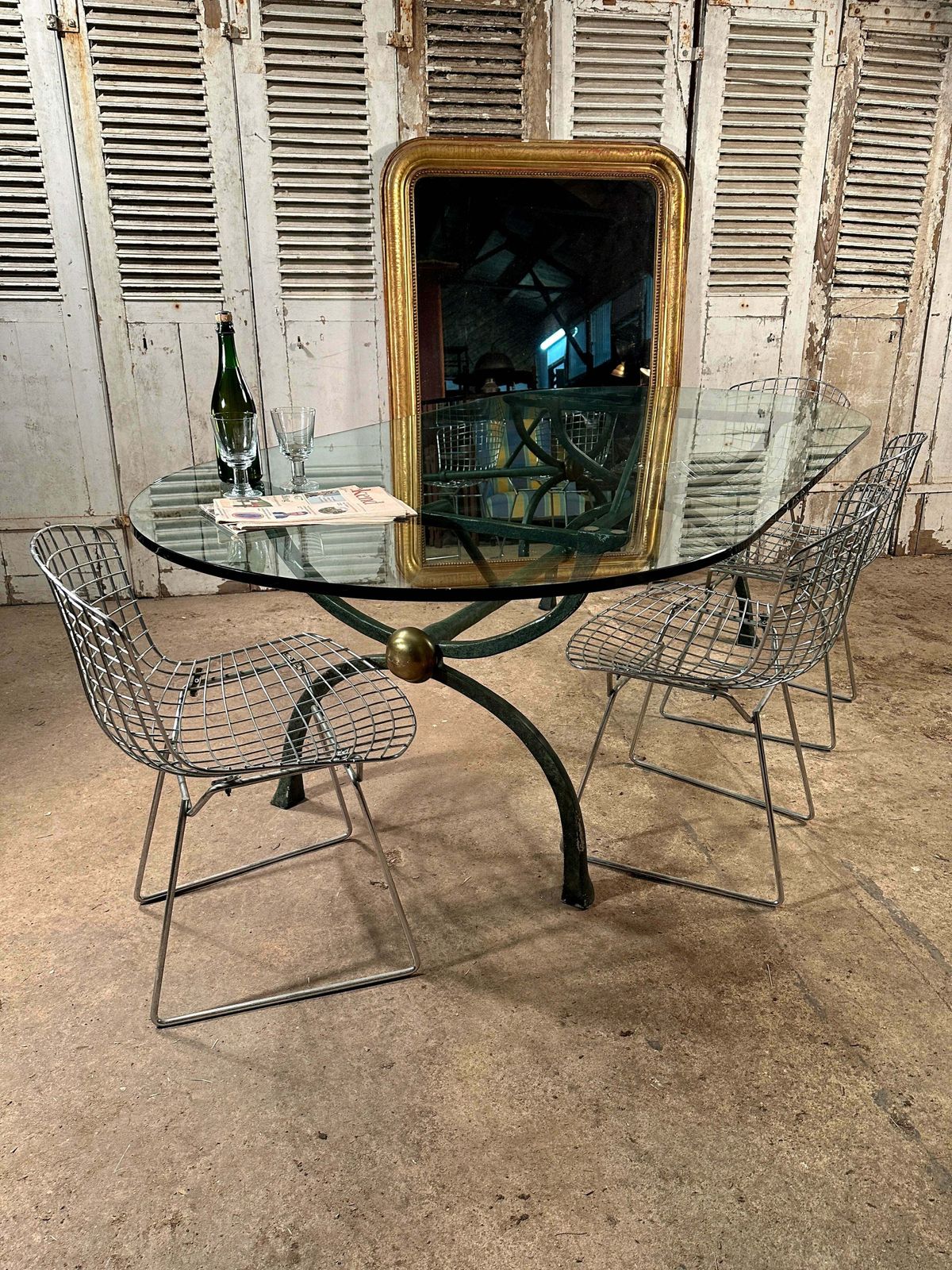 Exceptional Midcentury Hand Forged Spanish Dining/Centre Table With Verdigris Brass Base & Inch Thick Rounded Glass Top photo Furniture