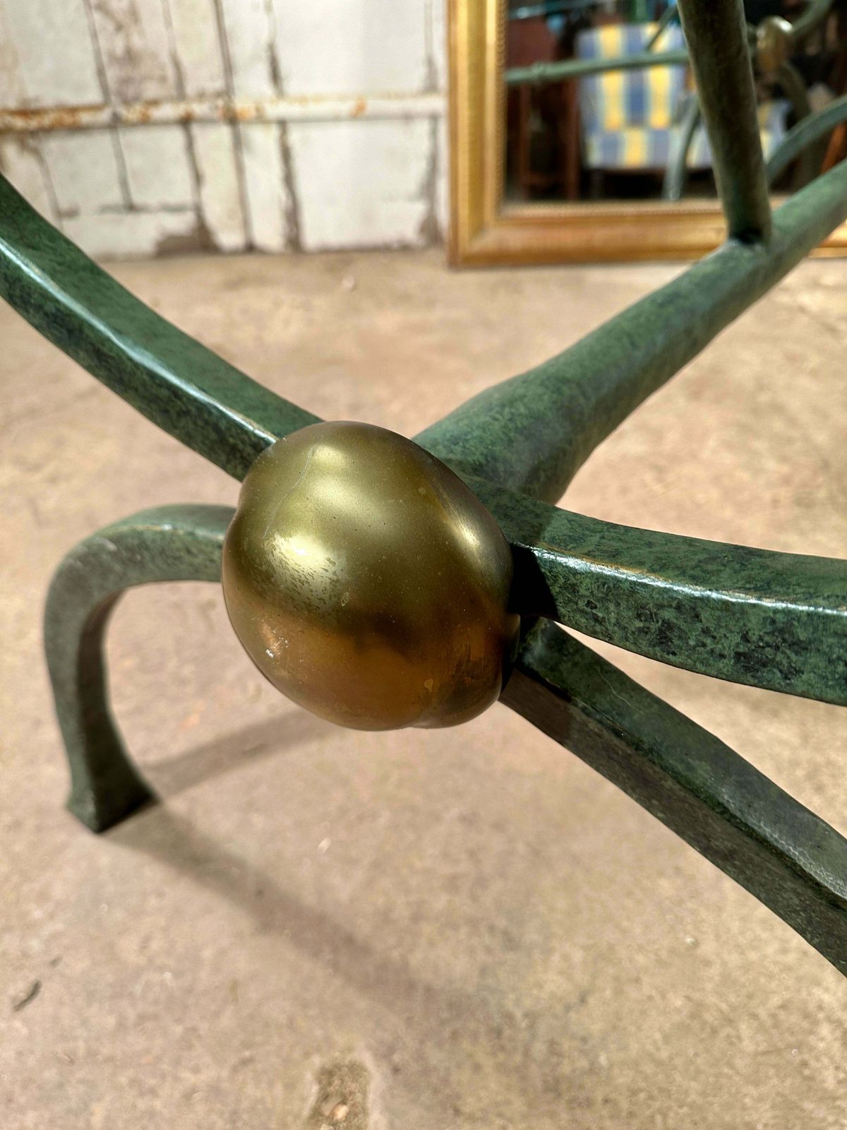 Exceptional Midcentury Hand Forged Spanish Dining/Centre Table With Verdigris Brass Base & Inch Thick Rounded Glass Top photo 1750.0