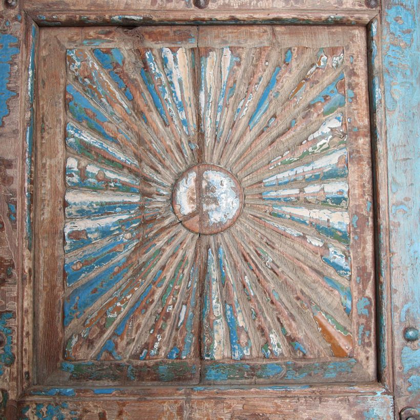 Blue Antique Sunflower 2 Door 6 Panel Hand Carved Cabinet photo for sale