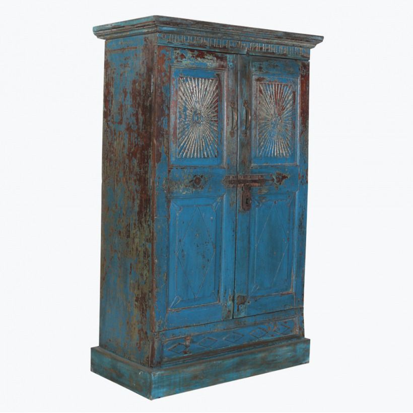 Blue Antique Sunflower 2 Door Hand Carved Cabinet