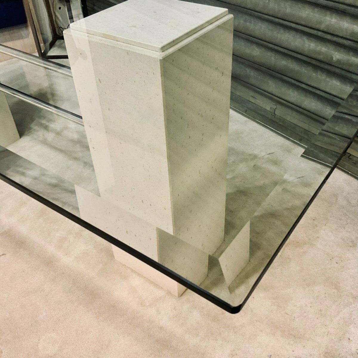 photo for sale Design Dining Table In Travertine And Glass Top 1970s/80s
