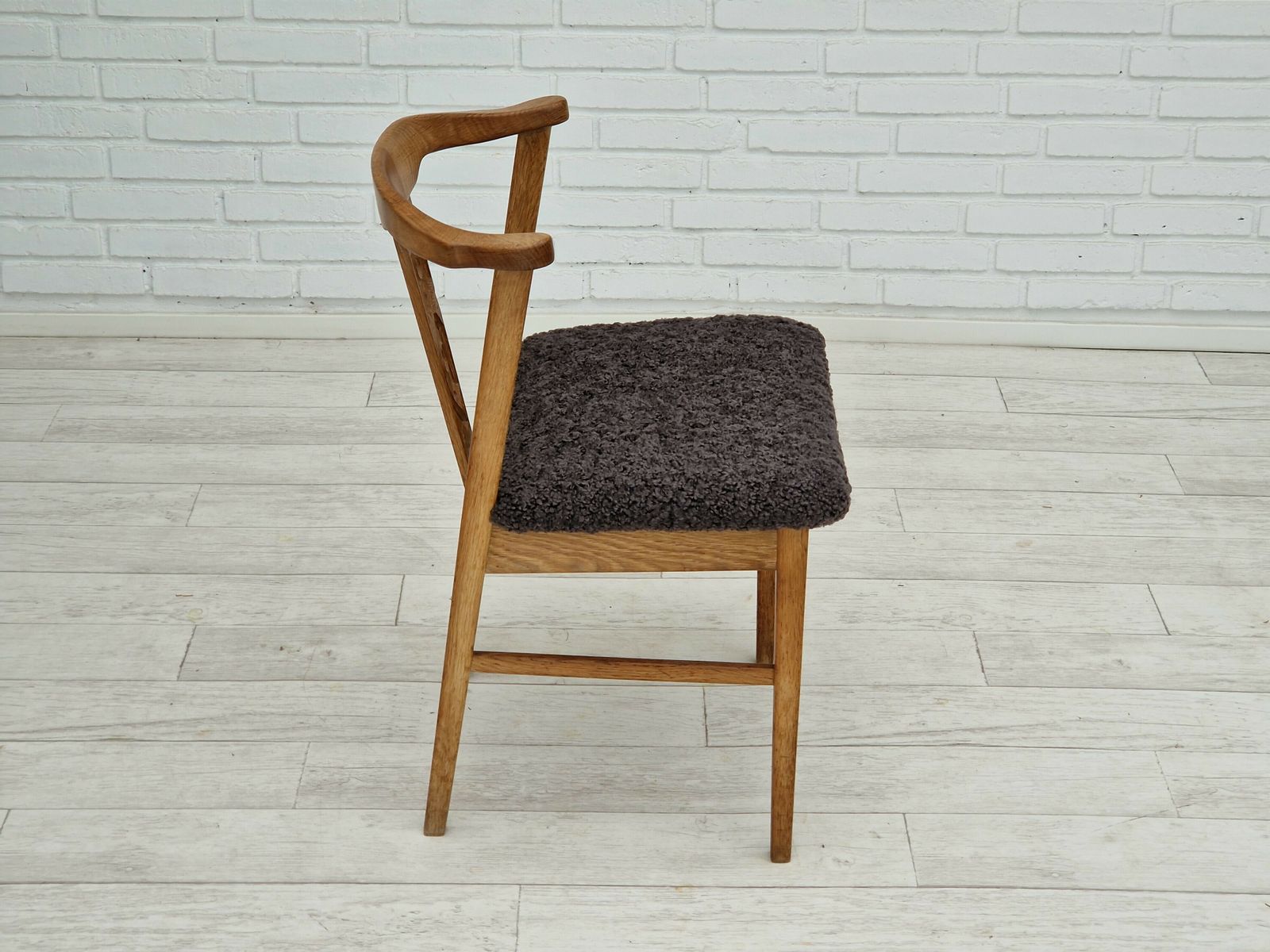 Furniture 1960s, Danish Design By Henning Kjærnulf, Set Of 4 Dinning Chairs, Oak Wood, Sheepskin Imitation. photo
