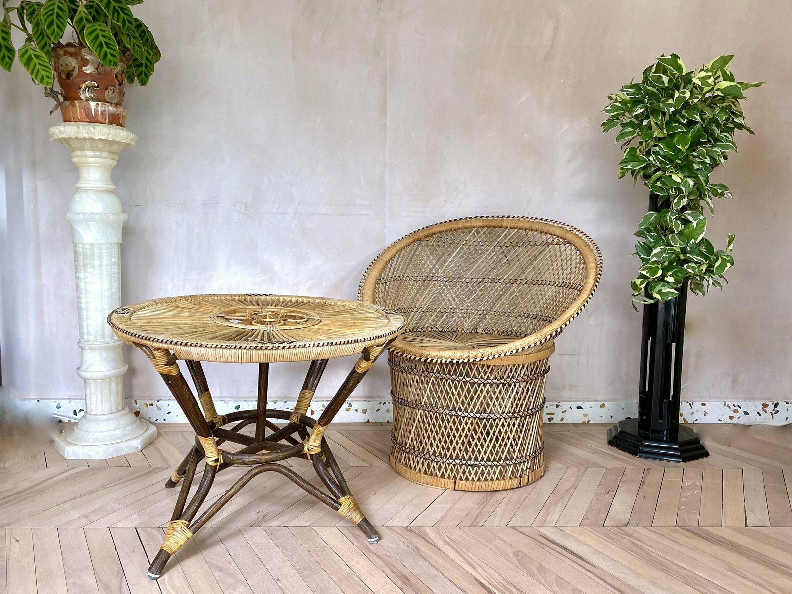 Original 1960s Peacock Rattan Tub Chair & Matching Table