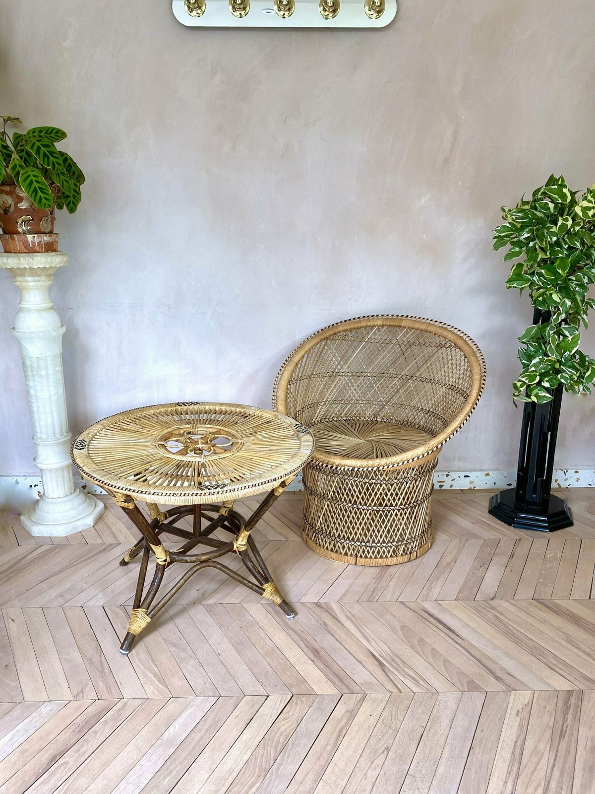photo buy Original 1960s Peacock Rattan Tub Chair & Matching Table