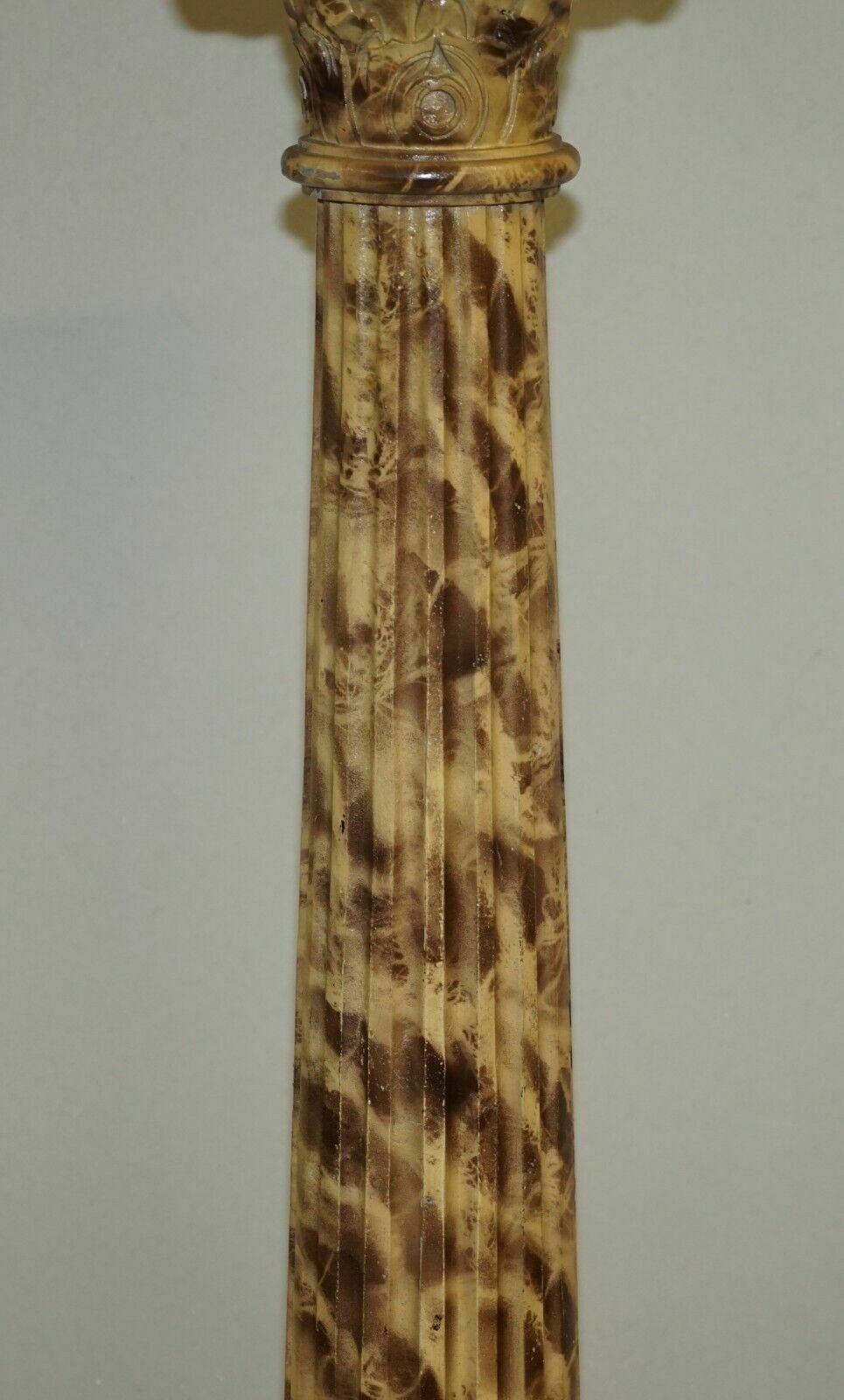 Pair Of Antique Hand Carved Corinthian Pillar Pedestal Stands Faux Marble Paint photo 1350.0