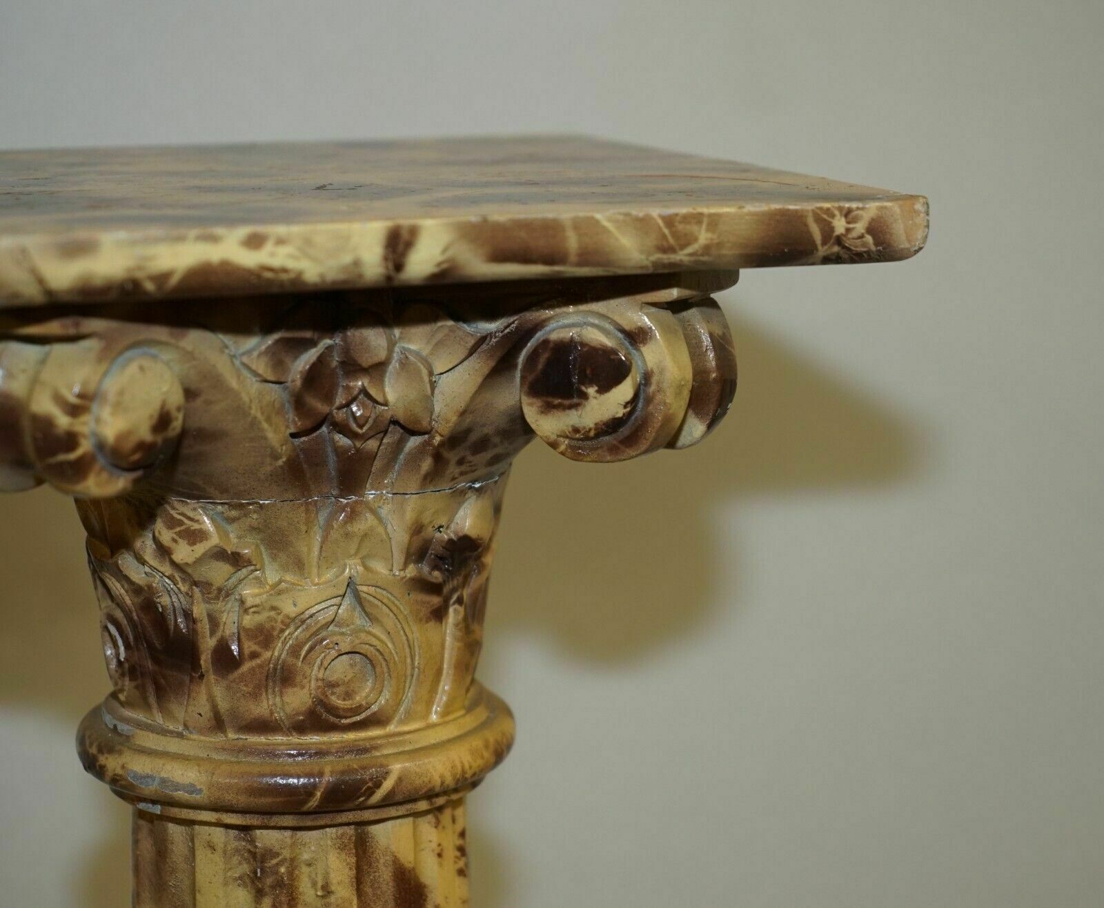 Pair Of Antique Hand Carved Corinthian Pillar Pedestal Stands Faux Marble Paint photo vintage