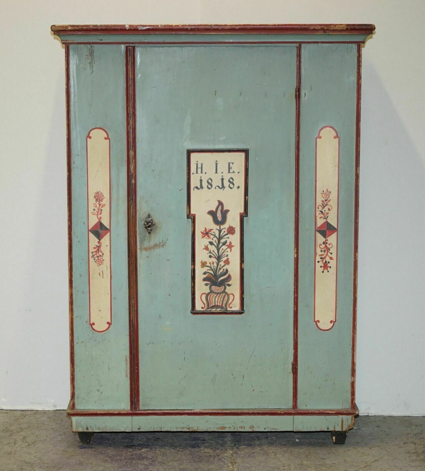 Antique 1818 Dated Aqua Blue Hand Painted German Marriage Wardrobe Rare Colour photo furniture
