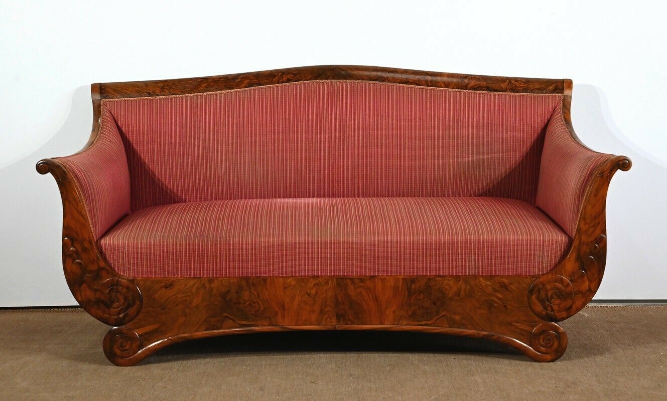 3 Seater Sofa In Burl Walnut, Restoration Style   1st Part Of The 19th Century