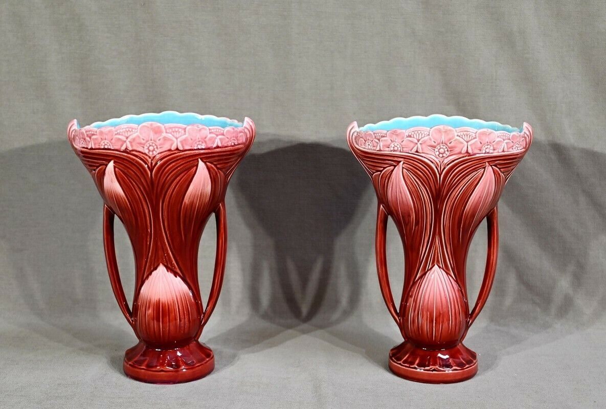 Pair Of Earthenware Vases, Stamped Digoin Sarreguemines   Late 19th Century