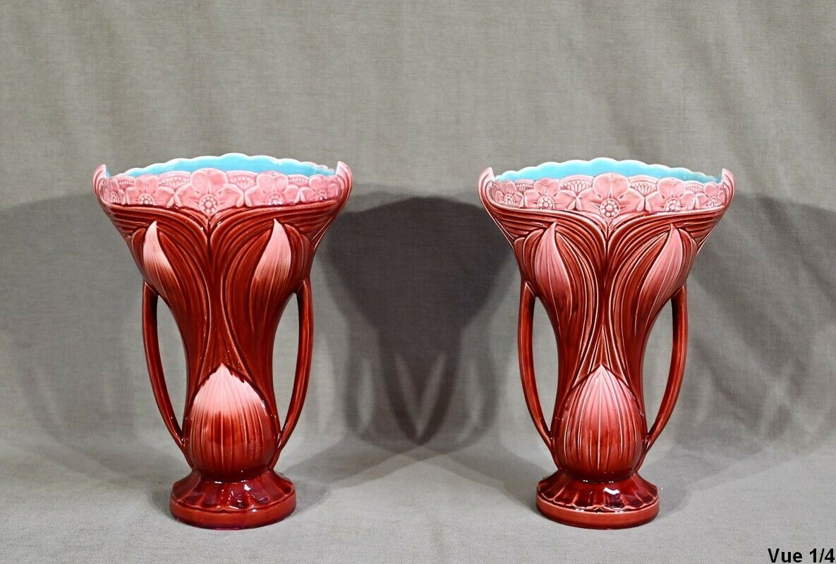 Pair Of Earthenware Vases, Stamped Digoin Sarreguemines   Late 19th Century photo Home Decor