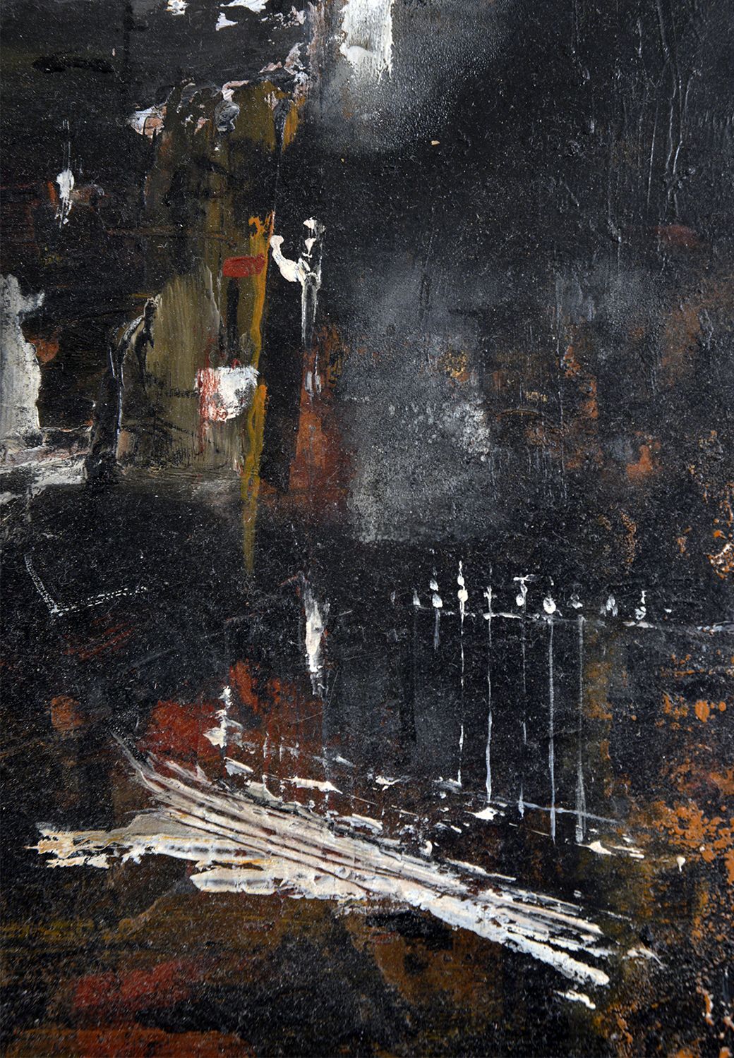 Art Abstract Mid Century Oil Painting On Board Industrial Scene By F. David Taggart, Signed photo