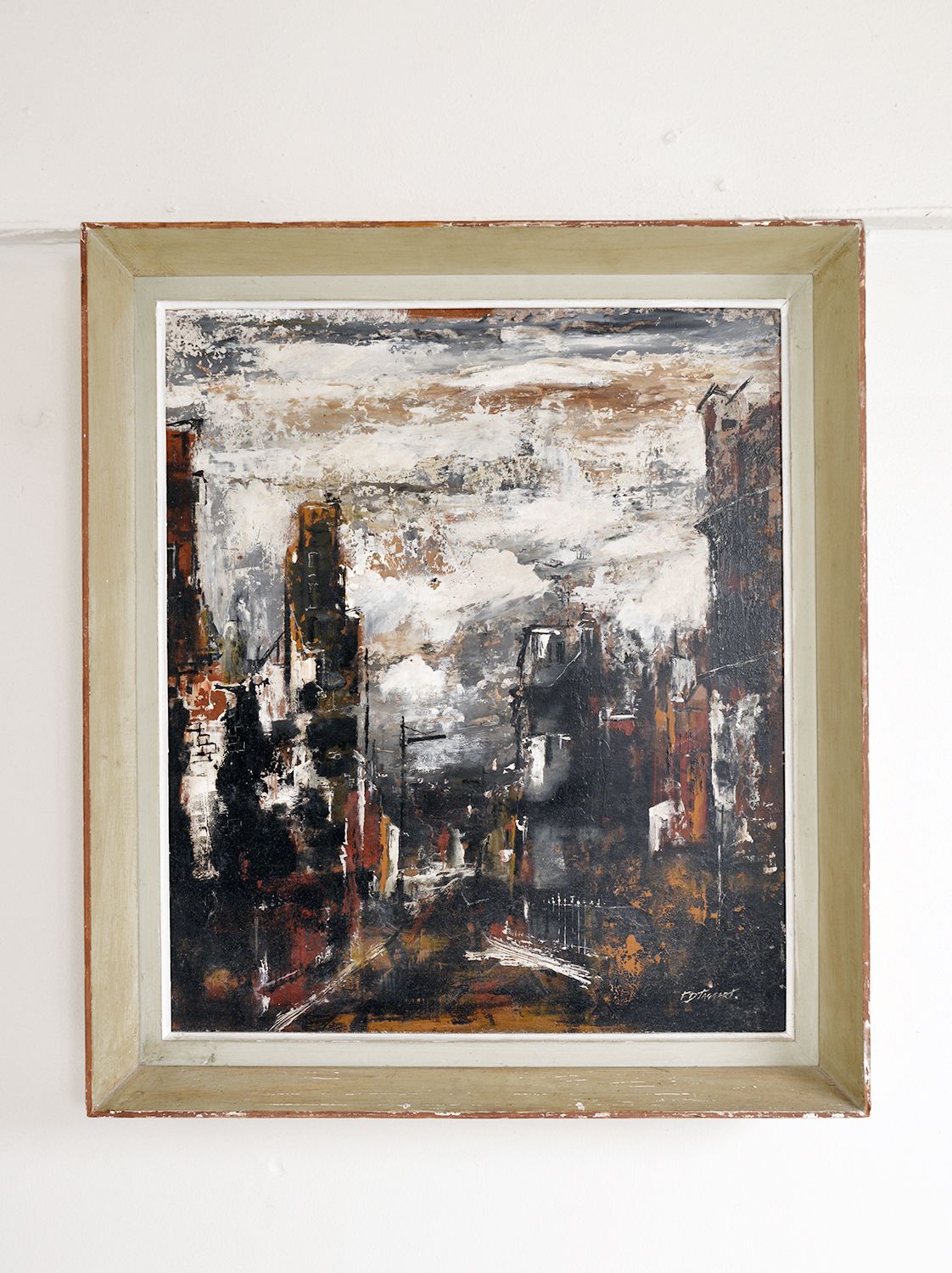 Abstract Mid Century Oil Painting On Board Industrial Scene By F. David Taggart, Signed