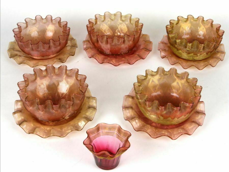 Five Victorian Spiral Design Glass Finger Bowls And Dishes