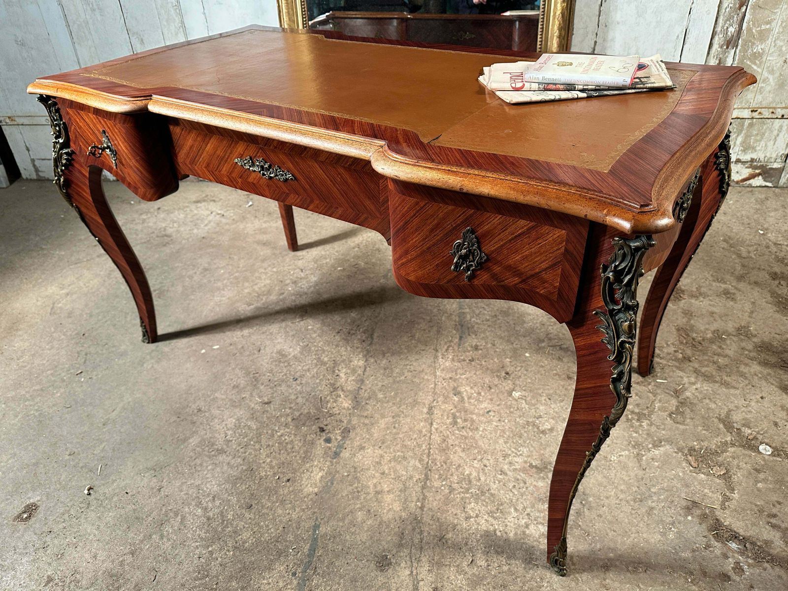 Furniture A Beautiful Antique Rosewood Louis Philippe XV French Writing Desk With Tooled Leather Insert Ormolu Mounts On Swept Legs photo