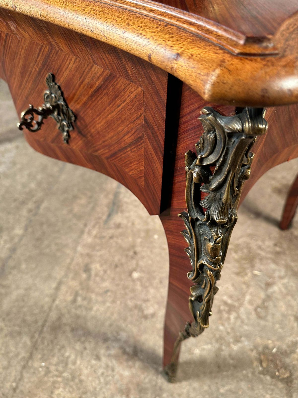 photo buy A Beautiful Antique Rosewood Louis Philippe XV French Writing Desk With Tooled Leather Insert Ormolu Mounts On Swept Legs