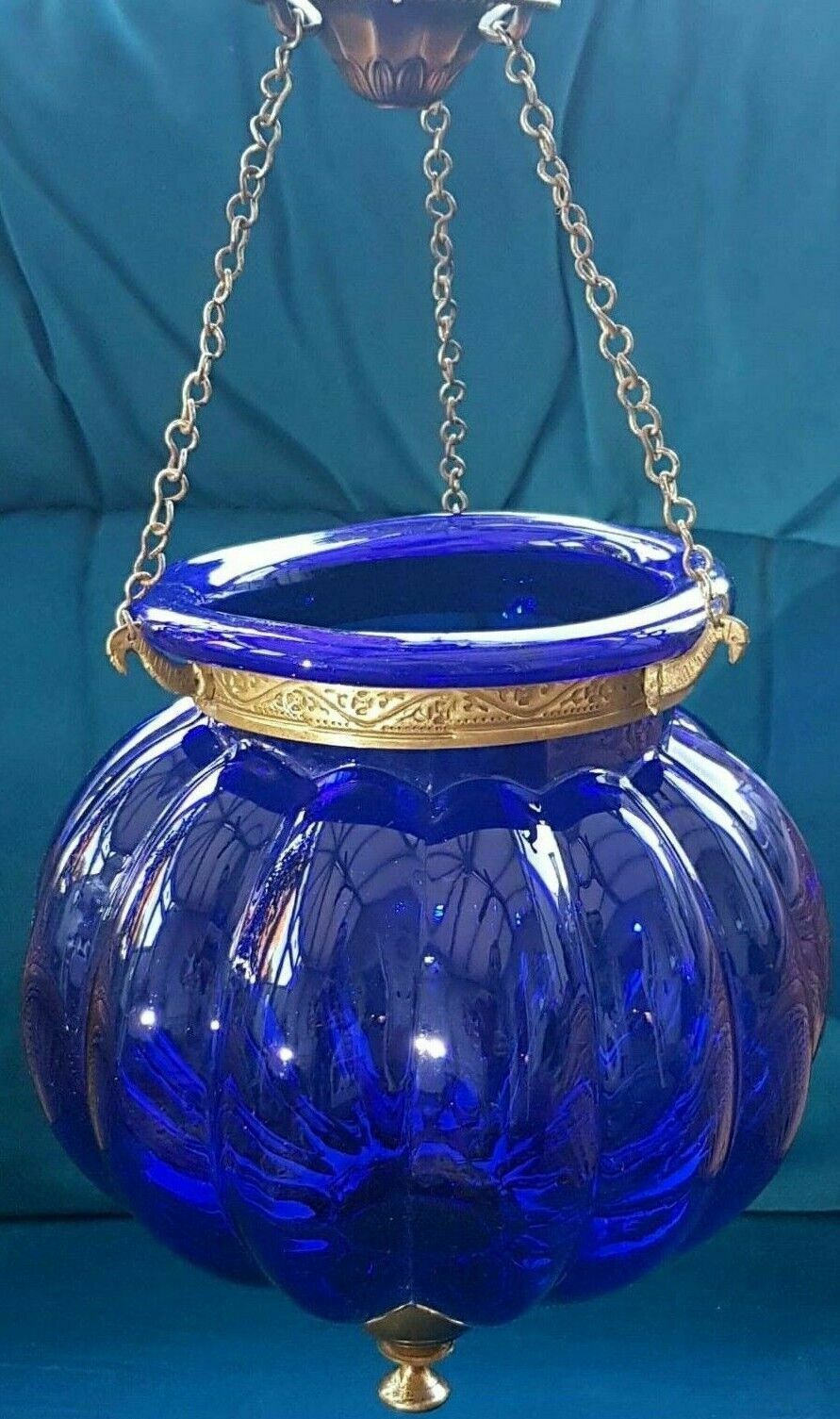 Colonial Antique Hanging Blue Hundi Glass Pumpkin Bell Jar Hanging Lantern Light