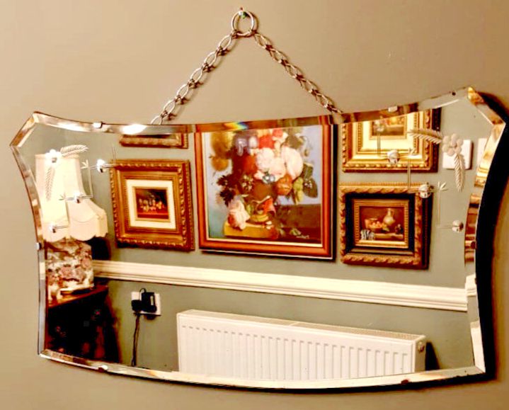 Art Deco Frameless Wall Mirror With Corner Pretty Flowers & Leaves & Original Chain