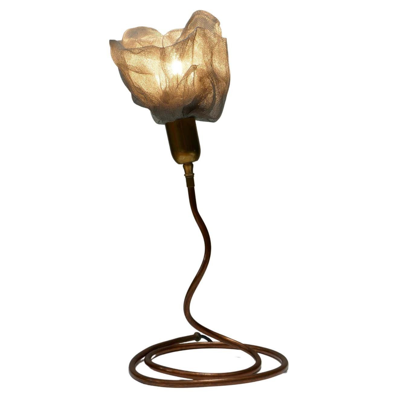 Metal Woven Mesh Flower Table Lamp With Brass & Copper Serpent Base, Italy 1970s