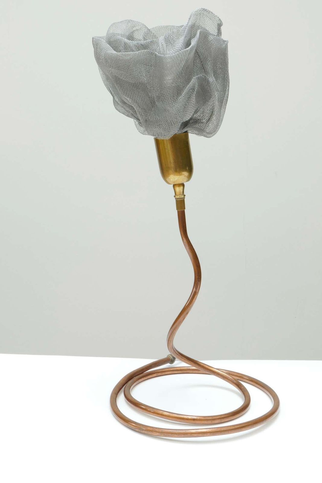 Metal Woven Mesh Flower Table Lamp With Brass & Copper Serpent Base, Italy 1970s photo furniture