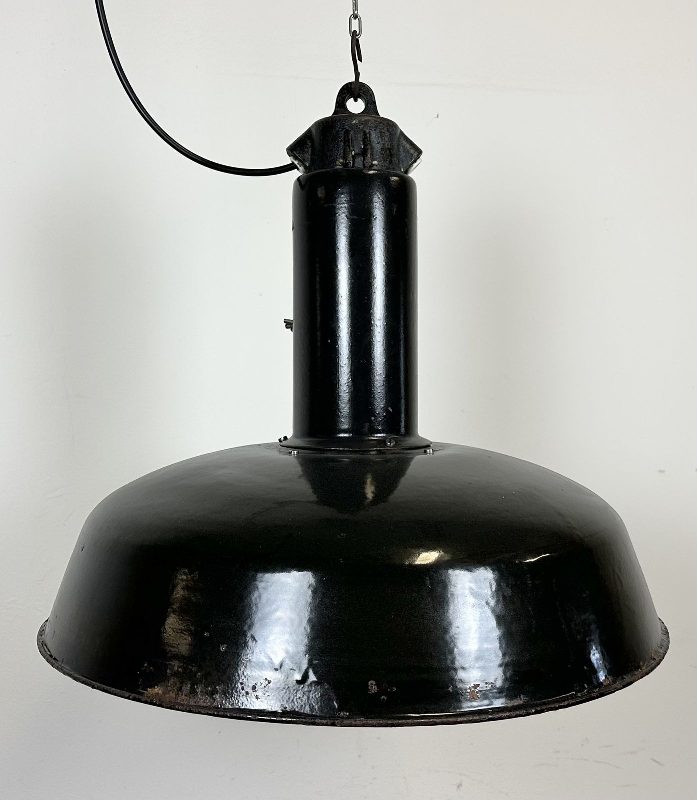 Industrial Black Enamel Factory Pendant Lamp With Iron Top, 1950s photo furniture